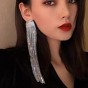 White Gold Plated Oversized Rhinestone Tassel Drop Earrings